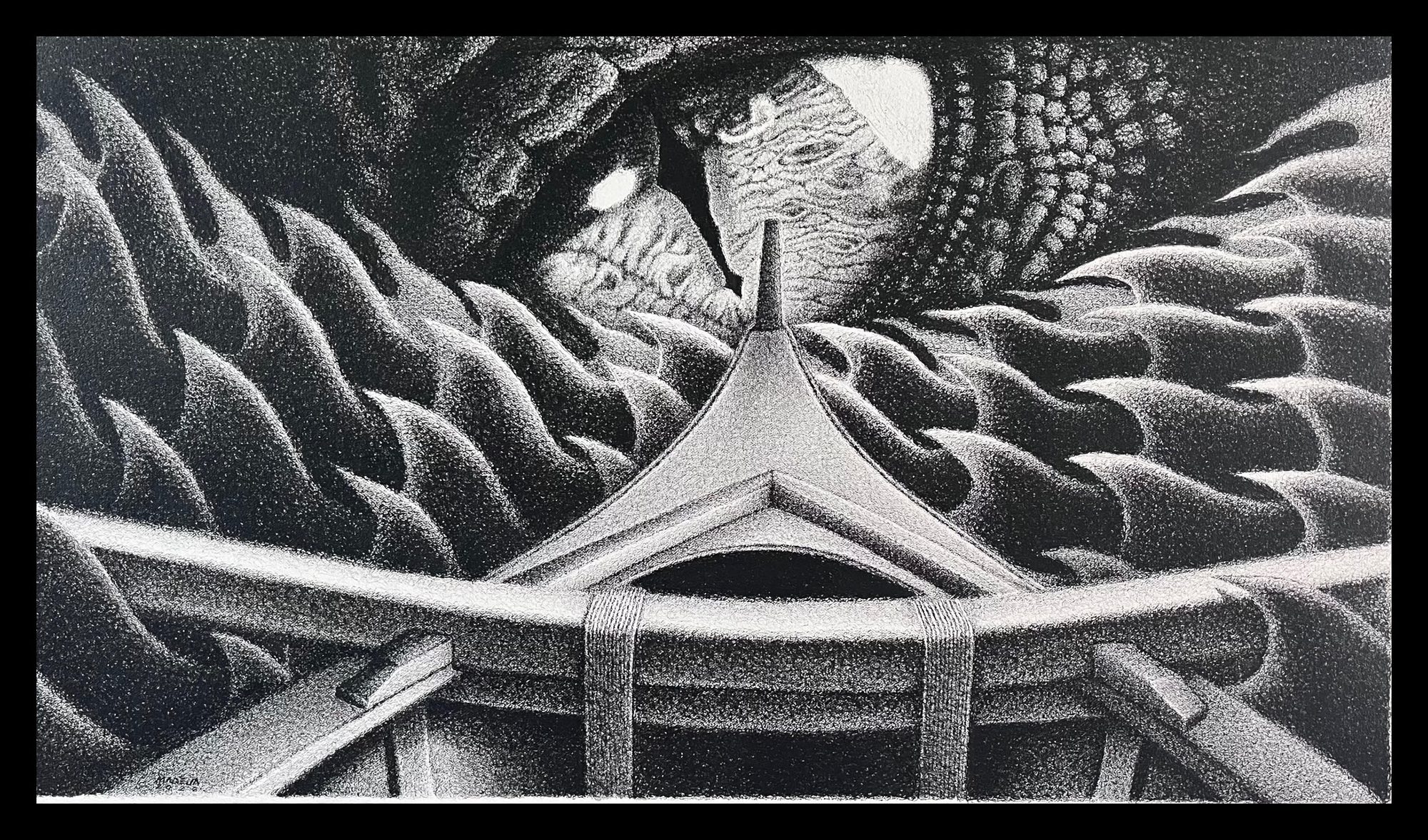 Alon: seen from inside a bangka, the prow points into a wave that resolves into a vast scaled creature with a gleaming eye