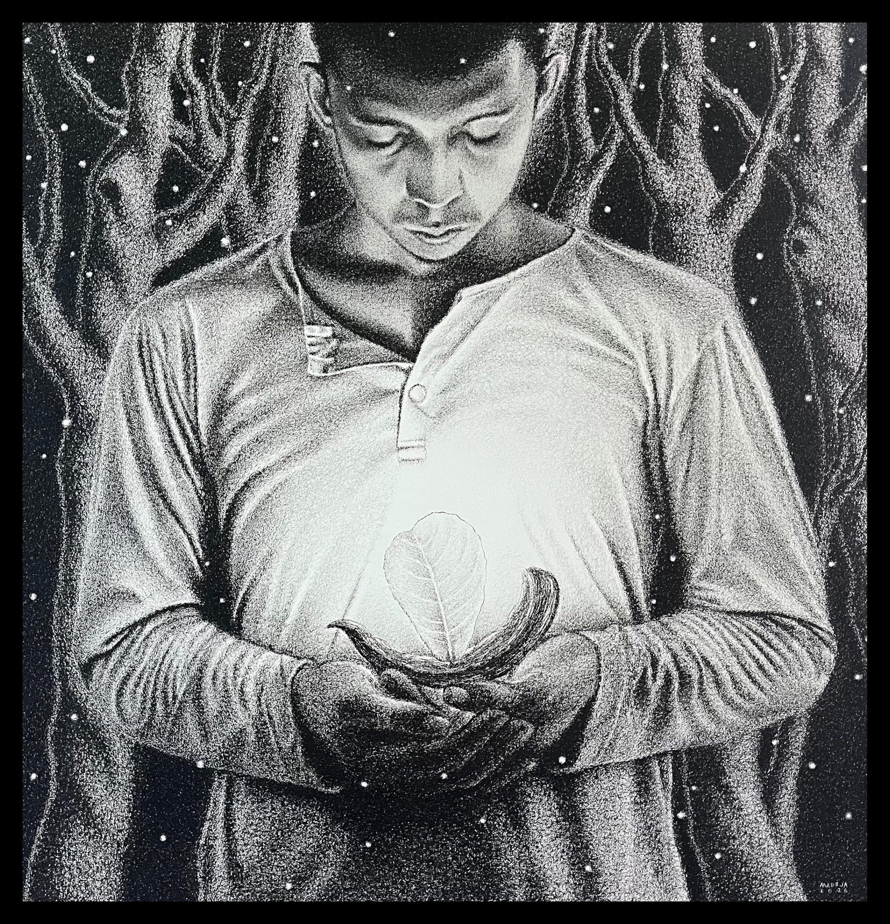 Aninipot: a young man at night cradles a glowing leaf in a husk, fireflies around him among old trees