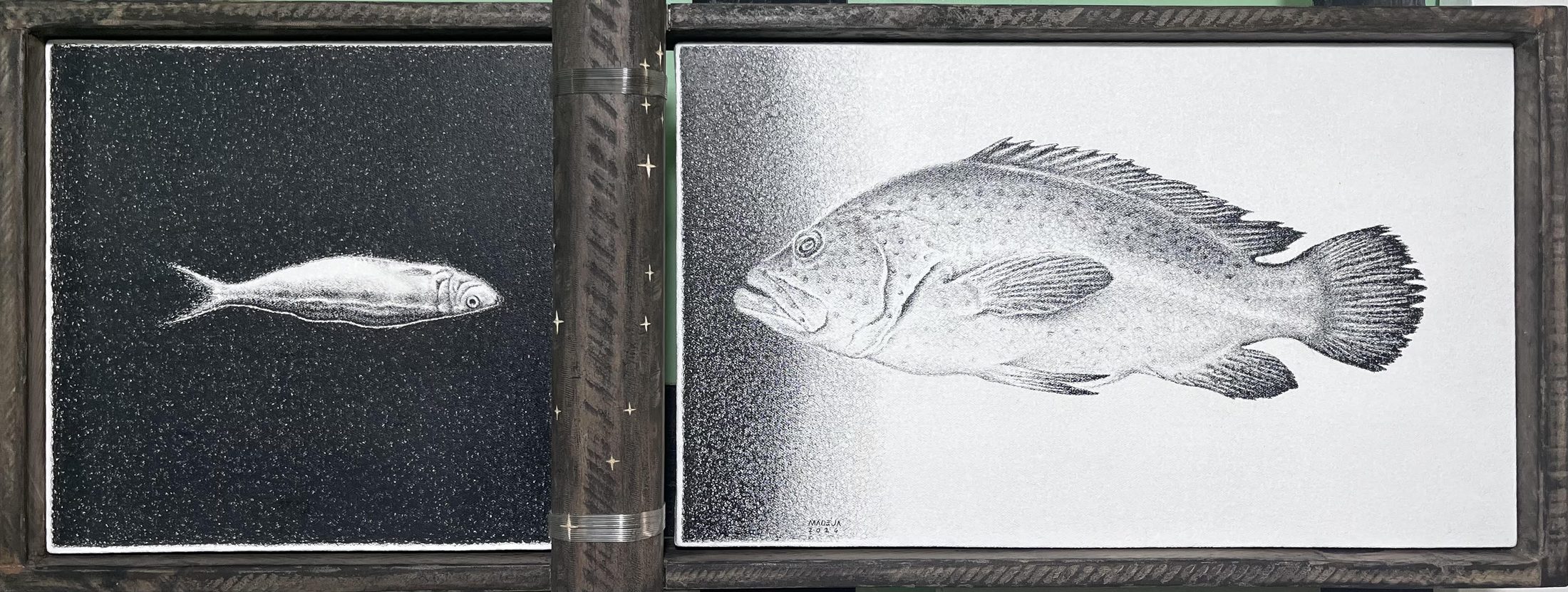 Kabaligtaran: a diptych hinged on a starred post — a small silver fish in black water beside a huge grouper on white