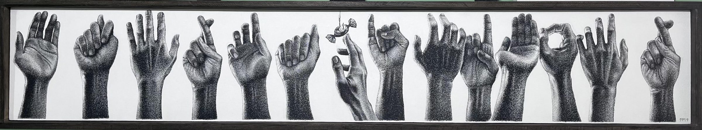 Kapalaran: a long frieze of thirteen raised hands in different gestures, one reaching for a candy on a fishhook