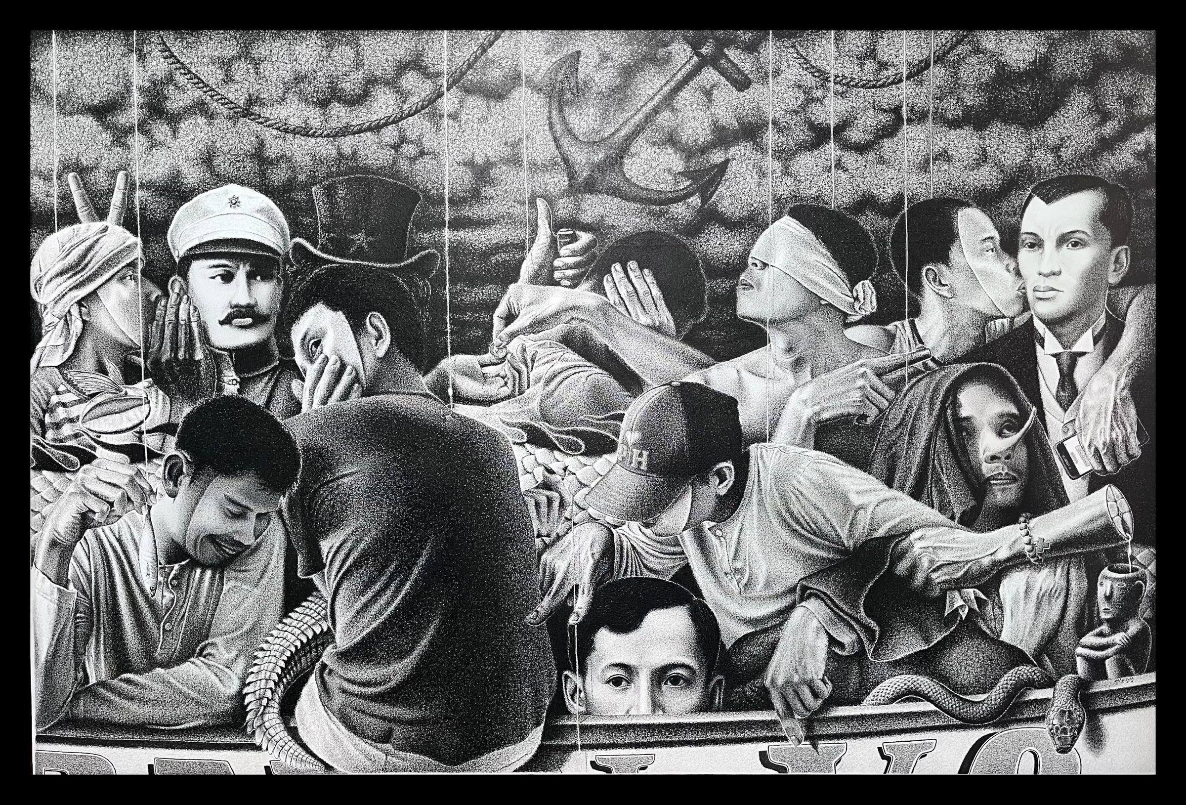 Kargado: eleven figures crowd a bangka under a stormy stippled sky with an anchor floating in the clouds