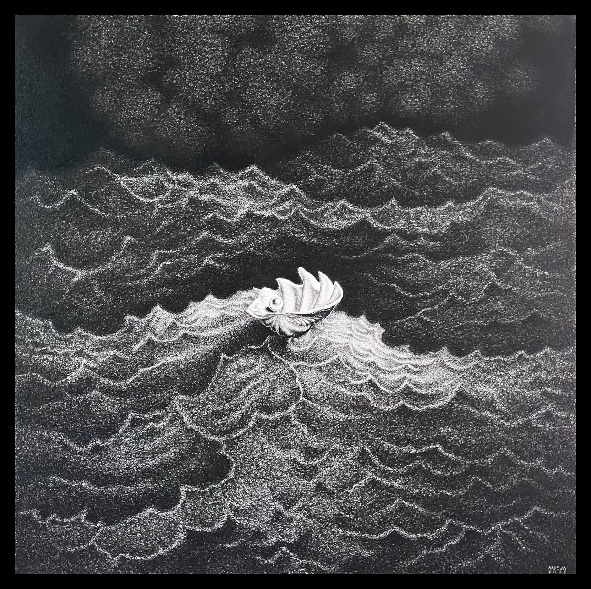 Lawod: a vast stippled night ocean with a small luminous clam-like shell holding a pearl at center