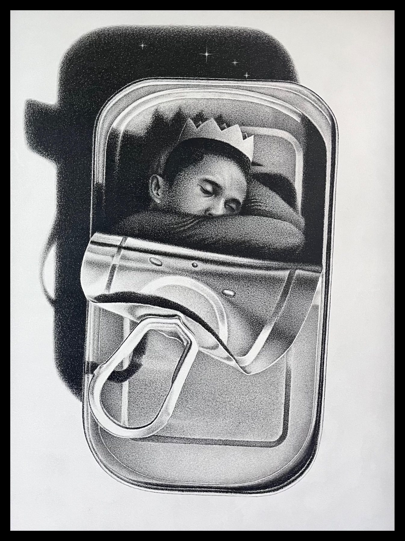 Tala: a boy in a paper crown sleeps inside an opened sardine can, stars glowing in its shadow